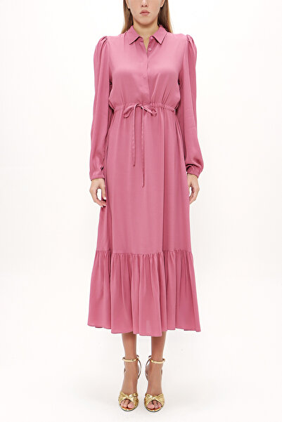 SOCIETA Koyu Pembe Büzgülü kemer detaylı midi elbise 93323