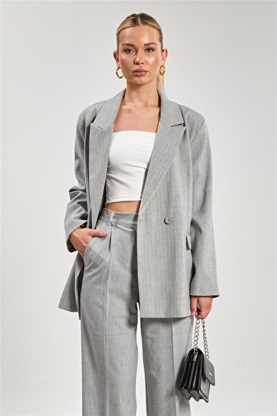 BARRELS AND OIL Women's Striped Blazer Jacket with Pocket Flap - Light Gray