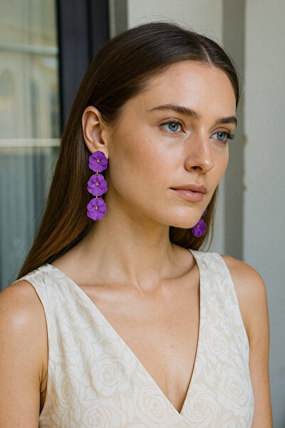 Atölye Myth Purple Love El Yapımı Mor Sallantılı Çiçekli Küpe - Sade ve Şık