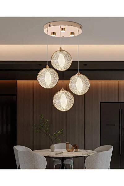Store Midye 4'Lü 42 Watt Yuvarlak Gold Ledli Kumandalı Modern Salon Avize