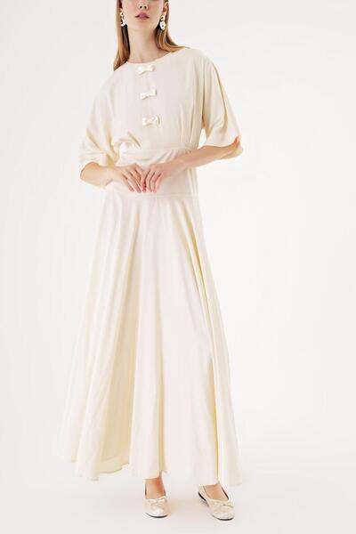 SOCIETA Ekru Geniş kollu kurdela detaylı volanlı elbise 94538