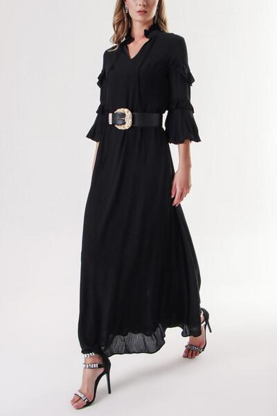 SOCIETA Black Long Dress with Gathered Neckline and Sleeves 94127