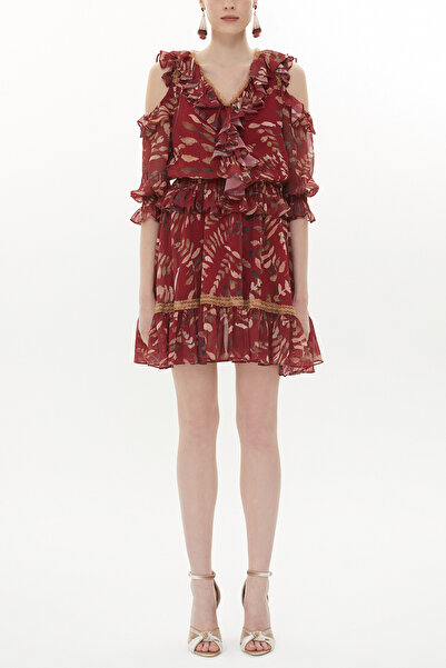 SOCIETA Kırmızı Omuzu dekolte mini elbise 93139