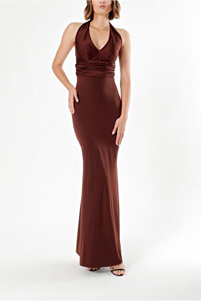 SOCIETA Kahve DERİN V YAKA ÖRME KUMAŞ ELBİSE 91733