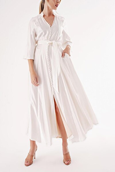 SOCIETA Beyaz Hakim yaka balon kollu düğmeli elbise 94459