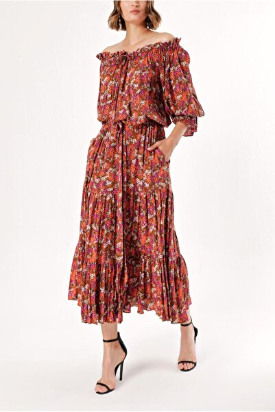 SOCIETA Desenli Düşük omuzlu fırfırlı elbise 93465