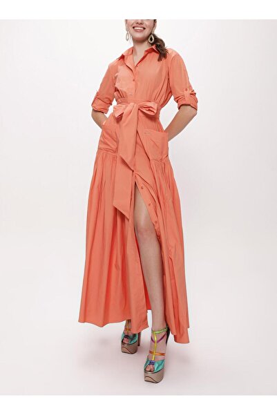 SOCIETA Somon Büzgülü uzun tafta gömlek elbise 94198