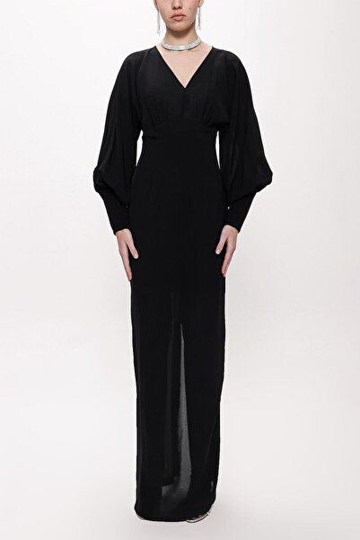 SOCIETA Black V-neck Long Dress With Corset Detail 94163