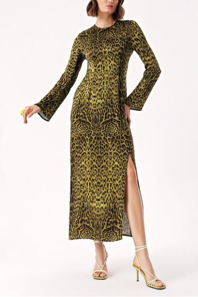 SOCIETA Leopar-Olive Uzun vücuda oturan yırtmaç detaylı elbise 94379