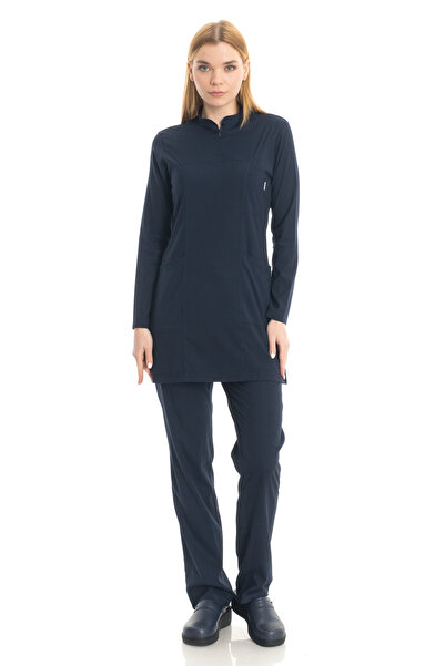 TIPMOD Likralı Lacivert Tunik Tesettür Takım Hemşire Forması Takım