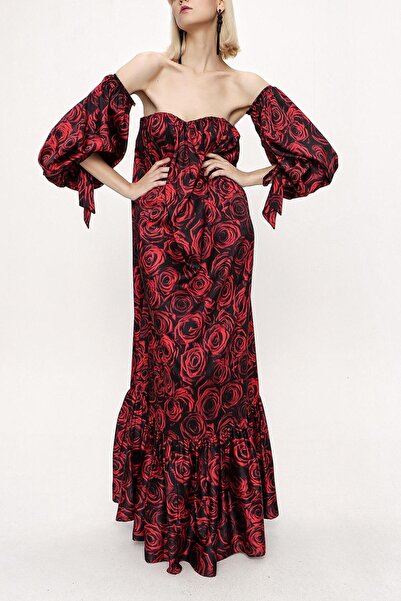 SOCIETA Desenli Straplez desenli balon kol elbise 94053