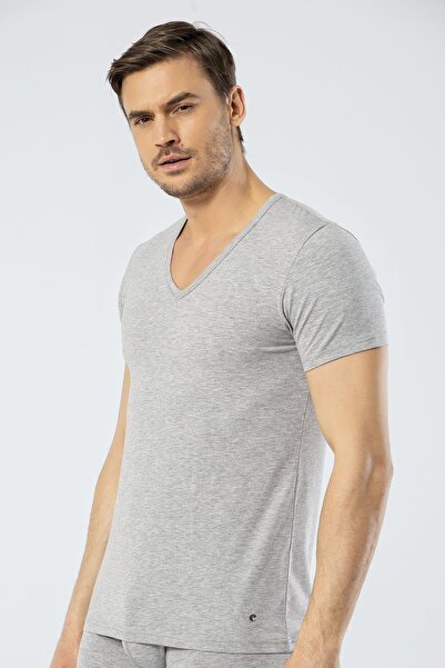 Cacharel 1306 Gray Melange Men's V-Neck Short Sleeve T-shirt