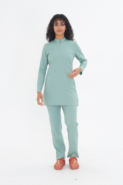 TIPMOD Likralı Çağla Yeşili Tunik Tesettür Takım Hemşire Forması / Scrubs