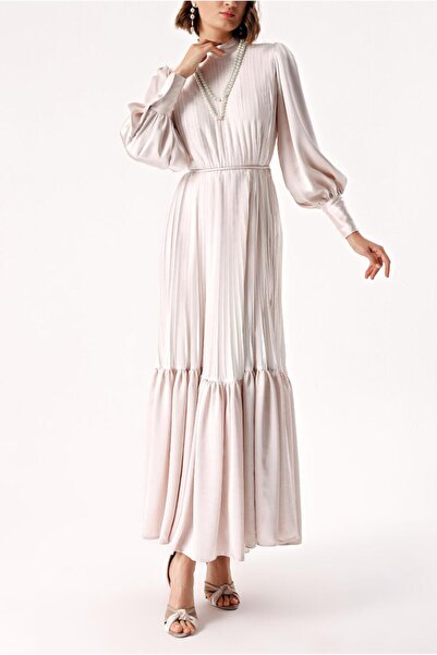 SOCIETA Ekru Piliseli kemerli uzun elbise 94168