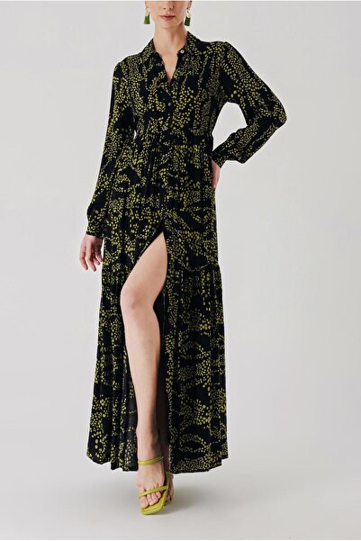 SOCIETA Siyah Yeşil Kemerli rahat gömlek elbise 94389