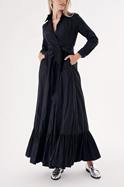 SOCIETA Siyah Kemerli etek ucu büzgülü  uzun gömlek elbise 94207
