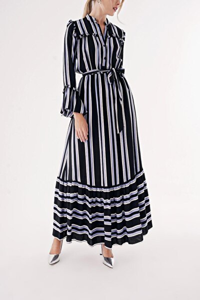 SOCIETA Siyah Beli lastikli büzgülü uzun elbise 94541