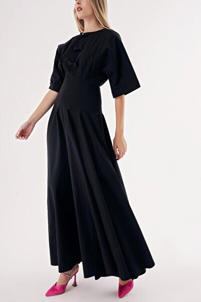 SOCIETA Siyah Geniş kollu kurdela detaylı volanlı elbise 94538
