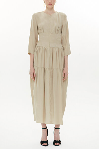 SOCIETA Bej Korsaj detaylı fermuarlı uzun elbise 93371