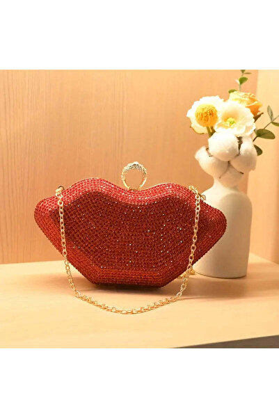 Just Pretty Corner Vintage-Inspired Red Rhinestone Lip-Shaped Clutch with Metal Chain Strap