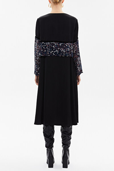 SOCIETA Black Lace and Chiffon Detailed Loose Fit Midi Dress 92482