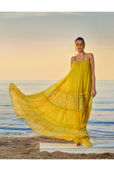 SOCIETA Sarı Askılı bol kesim dantel elbise 93555
