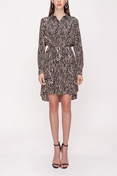 SOCIETA Siyah Bej Kemerli gömlek elbise 94006