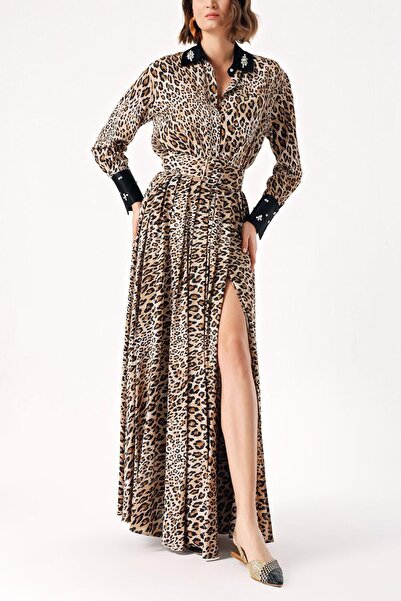 SOCIETA Leopar Taş işlemeli gömlek ve lastikli etek takım 12331