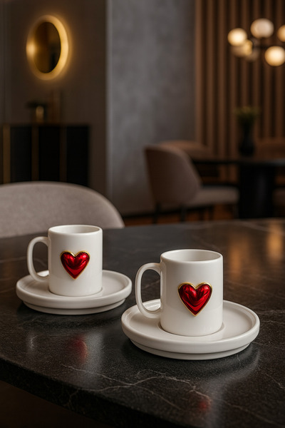 YzHome 2 Kişilik Beyaz Porselen Kalpli Kahve Fincan Takımı Sunum Fincanı Kalp