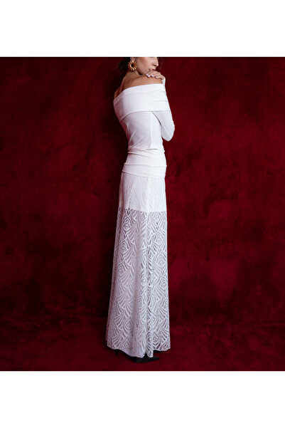 SOCIETA Ekru Örme kumaş karışımlı uzun dantel etek 81309
