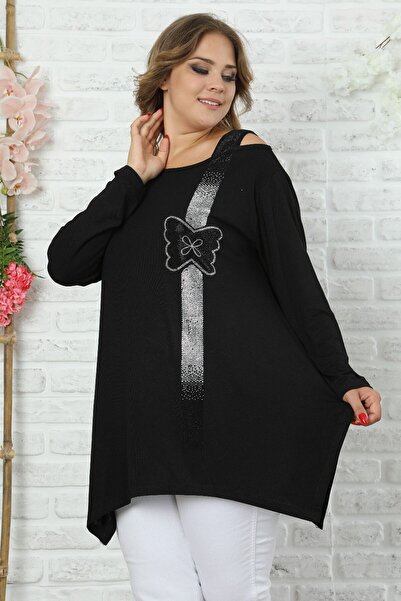 VAOV Women's Black Shoulder Detailed Front Butterfly Stone Embroidered Long Sleeve Tunic