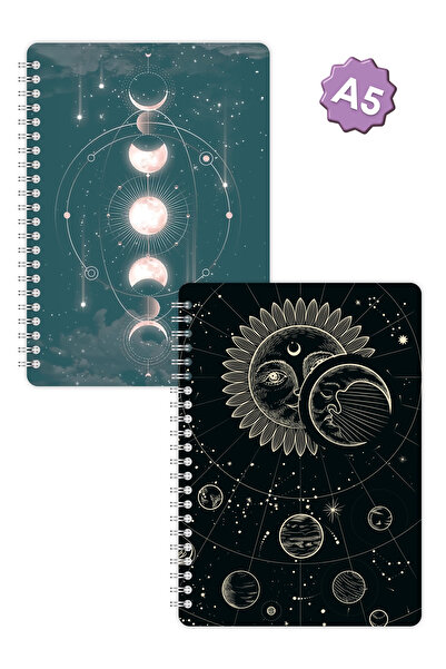 DİVAL A5 Spiral Cardboard Cover Set of 2 Checkered Lesson Programmed Note School Notebook - Galaxy
