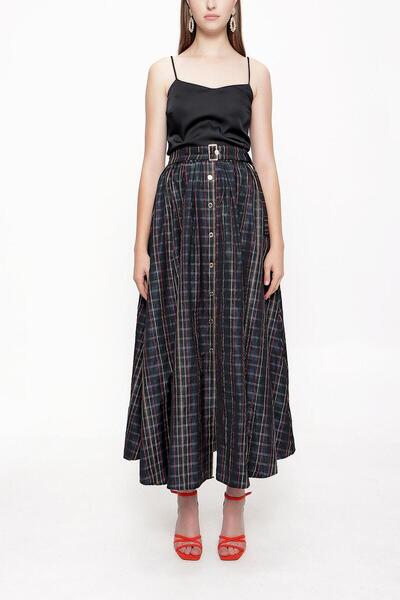 SOCIETA Ekose Beli lastikli düğmeli midi etek 81211