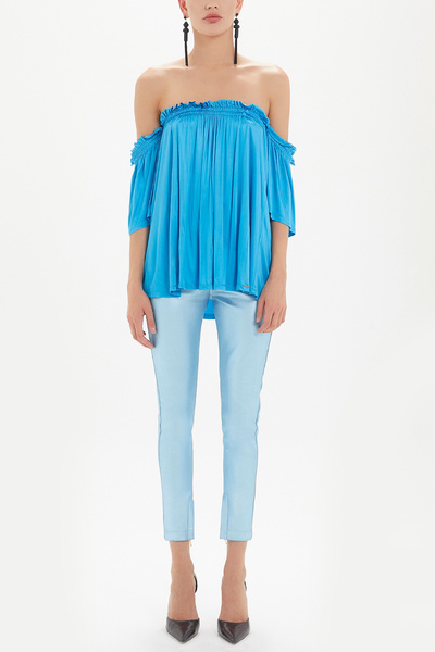 SOCIETA Mavi Lastikli düşük omuz örme bluz 19702