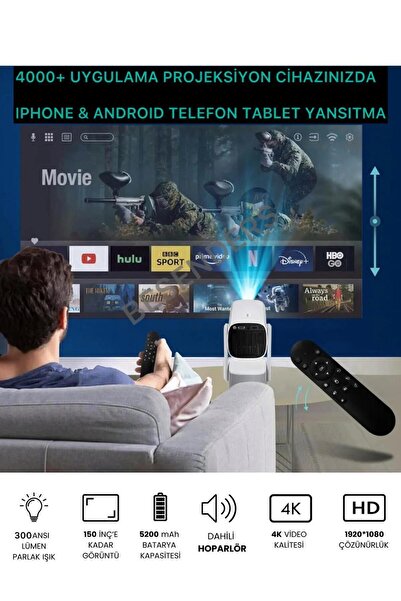 Besenders K2 PROMAX 1080P Kablosuz YeniVersiyon Taşınabilir Projeksiyon Android Wifi Bt Akıllı Sinema
