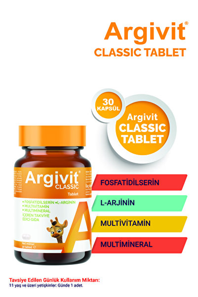 Argivit Classic Fosfotidilserin, L-Arjinin, Multivitamin ve Multimineral İçeren Tablet 3’lü Paket 30 Tablet