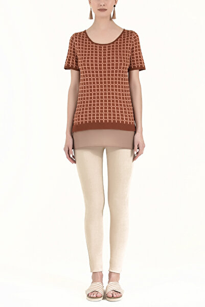 SOCIETA Tarçın Geniş yaka kısa kollu triko bluz 28660