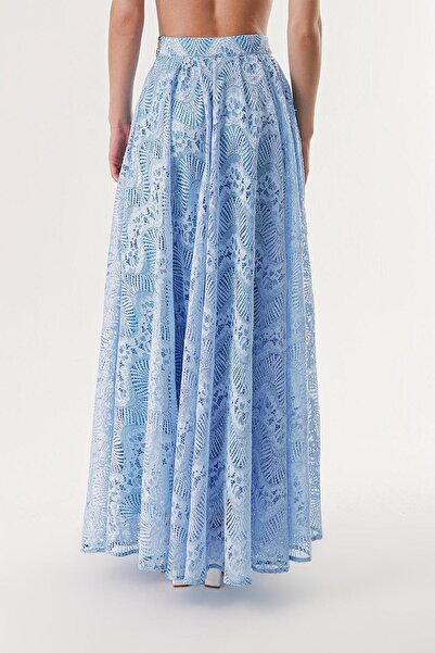 SOCIETA Mavi Fermuarlı uzun dantel etek 81240