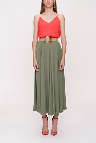 SOCIETA Haki Beli lastikli midi etek 81209