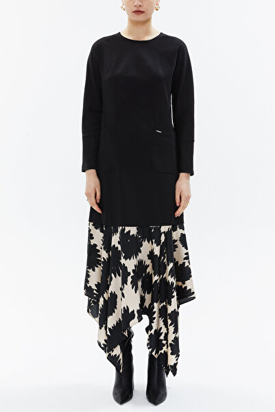 SOCIETA Siyah Desenli kumaş kombinli asimetrik elbise 93308