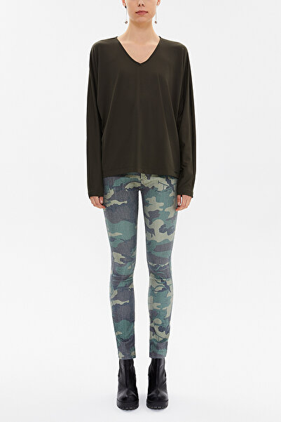 SOCIETA Haki V yaka bol kesim bluz 19784
