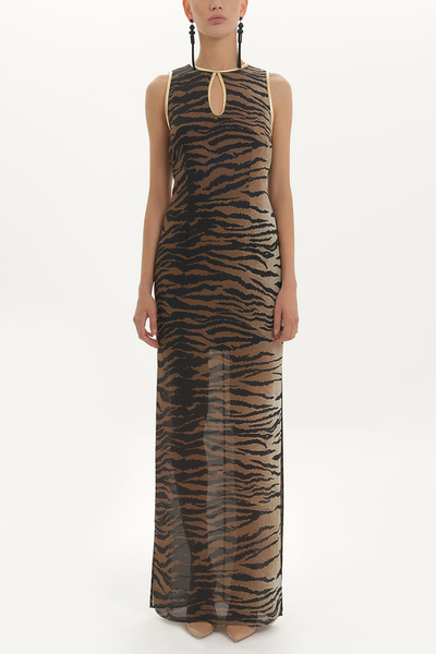 SOCIETA Siyah Leopar baskılı uzun şifon uzun elbise 91364