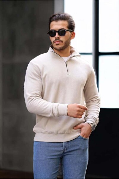 Valiberta Lars Selanik Örme Kumaş Yarım Fermuar Erkek Sweatshirt - Taş