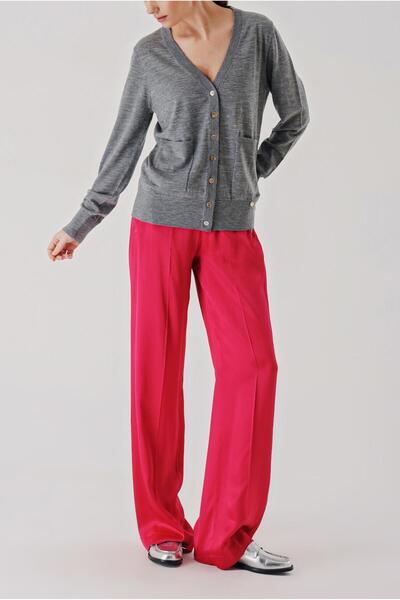 SOCIETA Gri V yaka yünlü uzun triko hırka 28867