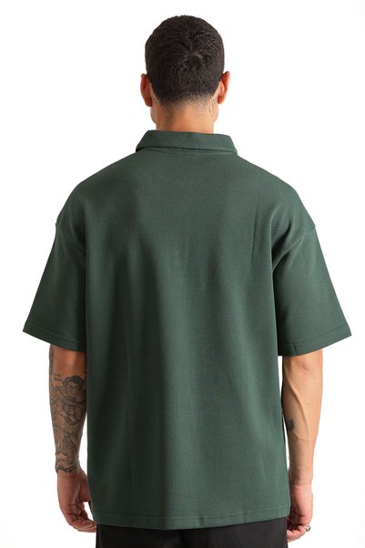 EGHO Chest Mykonos Embroidery Detailed Double Pique Fabric Loose Fit Men's Polo Neck T-Shirt