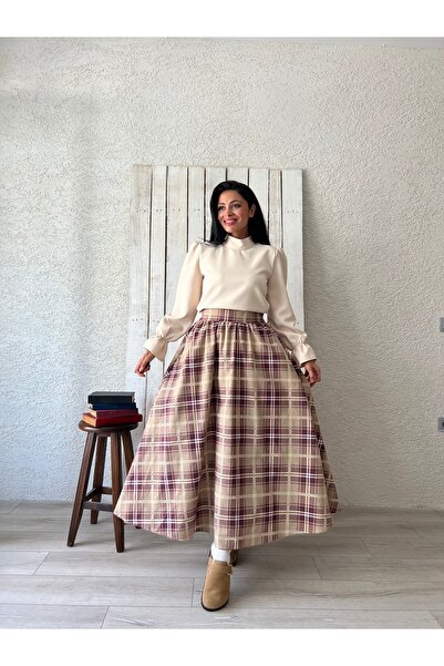 KÜÇÜĞÜM BUTİK Burgundy Plaid Cream Flared Skirt