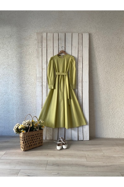 KÜÇÜĞÜM BUTİK Μακρύ λαδί πράσινο φόρεμα με φουσκωτό ποπλίνα