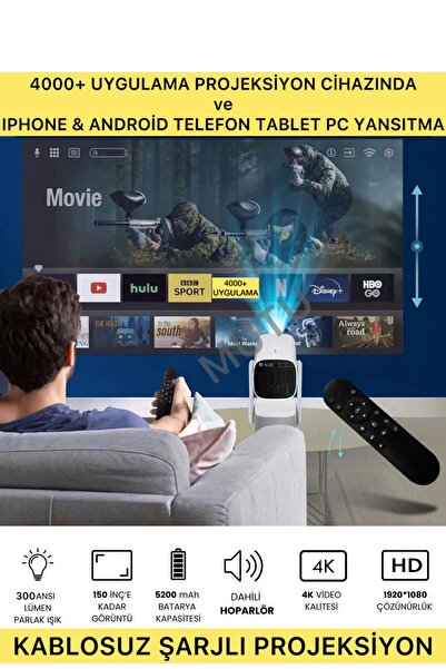 MUTU Kablosuz Sonversiyon 1080p 4k Şarjlı Taşınabilir Projeksiyon Android Wifi Bt Akıllı Sinema Projektör