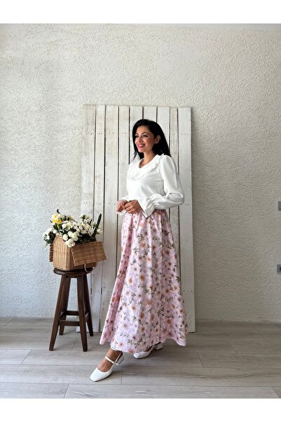 KÜÇÜĞÜM BUTİK Azalea Flower Patterned Pink Poplin Flared Skirt