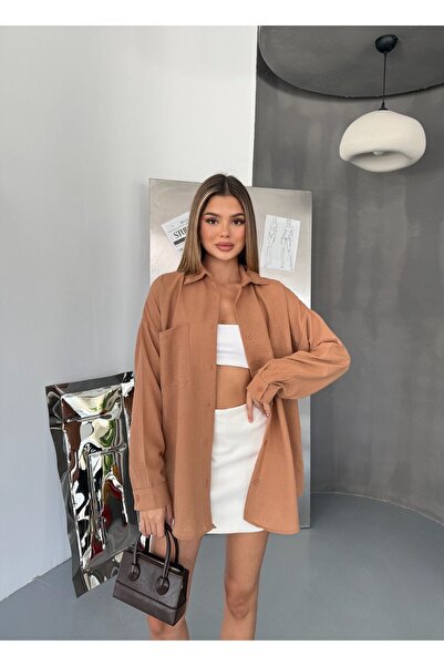 COMBİNE MİCHAİL Дамска ленена риза в карамел с джоб Ayrobin